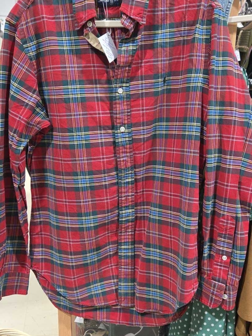 Ralph Lauren Red Plaid Button-Down Shirt with Blue and Green Stripes